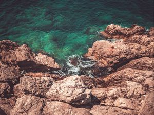 Preview wallpaper rocks, water, aerial view, coast, sea