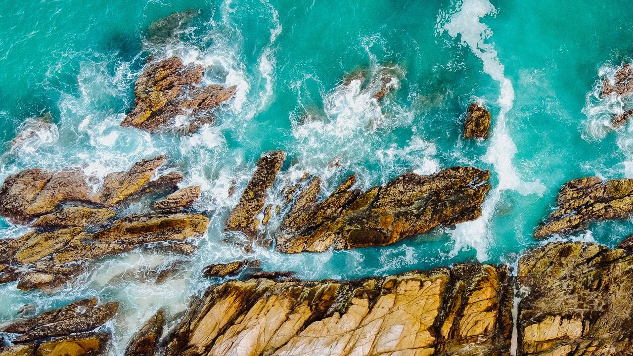 Wallpaper rocks, water, aerial view, sea, waves