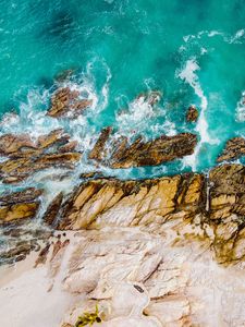 Preview wallpaper rocks, water, aerial view, sea, waves