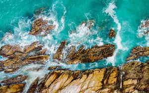 Preview wallpaper rocks, water, aerial view, sea, waves