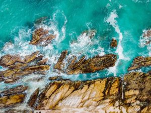 Preview wallpaper rocks, water, aerial view, sea, waves