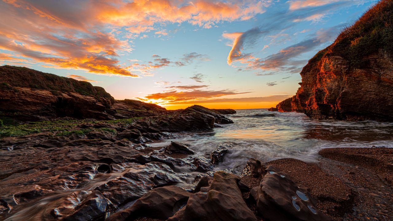 Wallpaper rocks, water, shore, sunset, nature