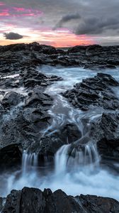 Preview wallpaper rocks, water, waterfall, landscape, twilight