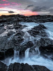 Preview wallpaper rocks, water, waterfall, landscape, twilight