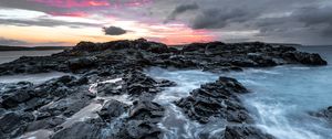 Preview wallpaper rocks, water, waterfall, landscape, twilight