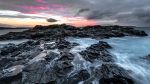 Preview wallpaper rocks, water, waterfall, landscape, twilight