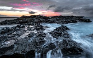 Preview wallpaper rocks, water, waterfall, landscape, twilight