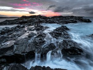 Preview wallpaper rocks, water, waterfall, landscape, twilight