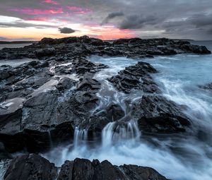 Preview wallpaper rocks, water, waterfall, landscape, twilight