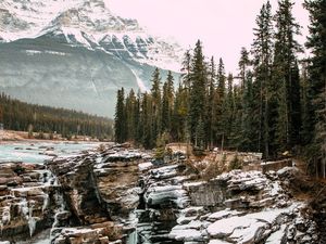 Preview wallpaper rocks, waterfall, ice, snow, mountains, snowy