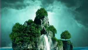 Preview wallpaper rocks, waterfall, island, reflection, sea