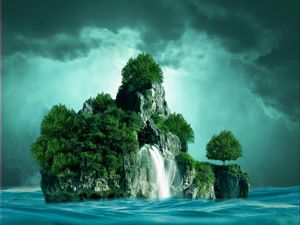 Preview wallpaper rocks, waterfall, island, reflection, sea