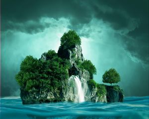 Preview wallpaper rocks, waterfall, island, reflection, sea