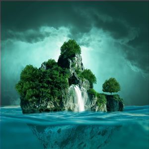 Preview wallpaper rocks, waterfall, island, reflection, sea