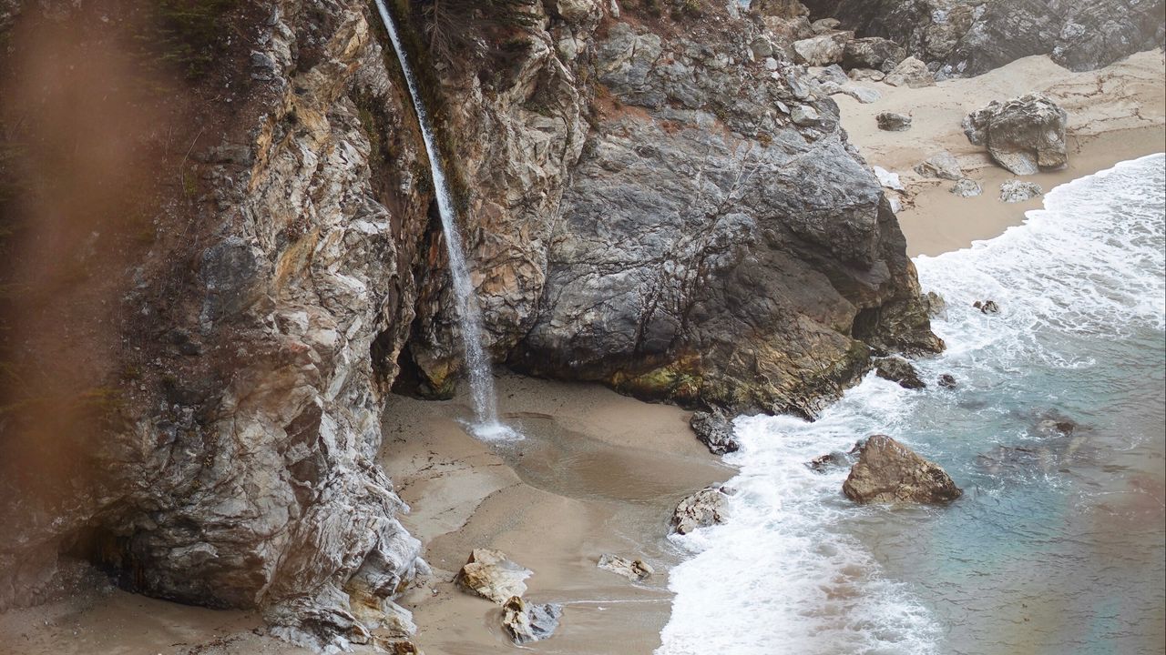 Wallpaper rocks, waterfall, sea, coast, beach