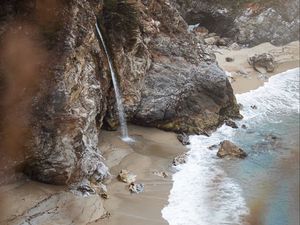 Preview wallpaper rocks, waterfall, sea, coast, beach