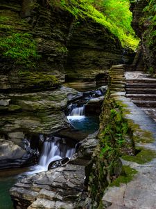 Preview wallpaper rocks, waterfall, steps, path, nature, plants