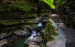 Preview wallpaper rocks, waterfall, steps, path, nature, plants