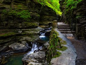 Preview wallpaper rocks, waterfall, steps, path, nature, plants