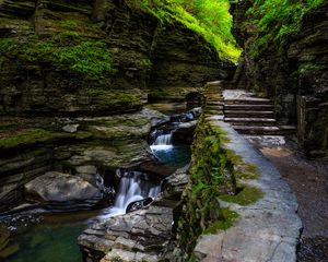 Preview wallpaper rocks, waterfall, steps, path, nature, plants
