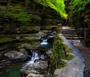 Preview wallpaper rocks, waterfall, steps, path, nature, plants