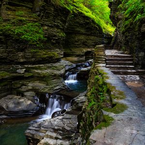 Preview wallpaper rocks, waterfall, steps, path, nature, plants
