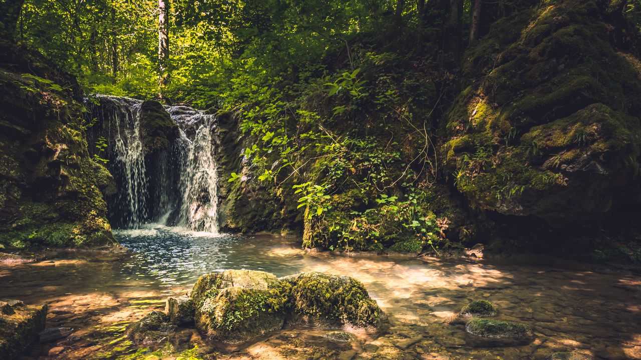 Wallpaper rocks, waterfall, trees, nature, landscape