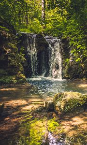 Preview wallpaper rocks, waterfall, trees, nature, landscape