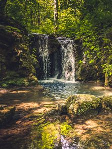 Preview wallpaper rocks, waterfall, trees, nature, landscape