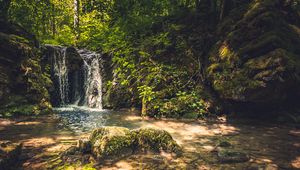 Preview wallpaper rocks, waterfall, trees, nature, landscape