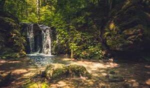 Preview wallpaper rocks, waterfall, trees, nature, landscape