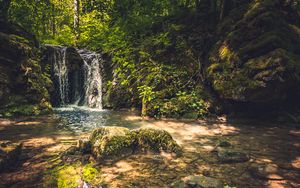 Preview wallpaper rocks, waterfall, trees, nature, landscape