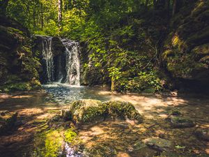 Preview wallpaper rocks, waterfall, trees, nature, landscape