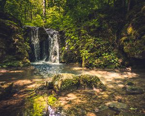 Preview wallpaper rocks, waterfall, trees, nature, landscape