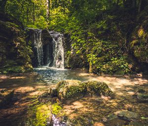 Preview wallpaper rocks, waterfall, trees, nature, landscape