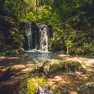 Preview wallpaper rocks, waterfall, trees, nature, landscape