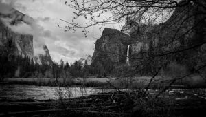 Preview wallpaper rocks, waterfall, trees, branches, pond, black and white