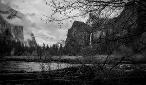 Preview wallpaper rocks, waterfall, trees, branches, pond, black and white