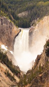 Preview wallpaper rocks, waterfall, water, trees, aerial view