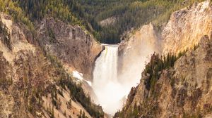Preview wallpaper rocks, waterfall, water, trees, aerial view