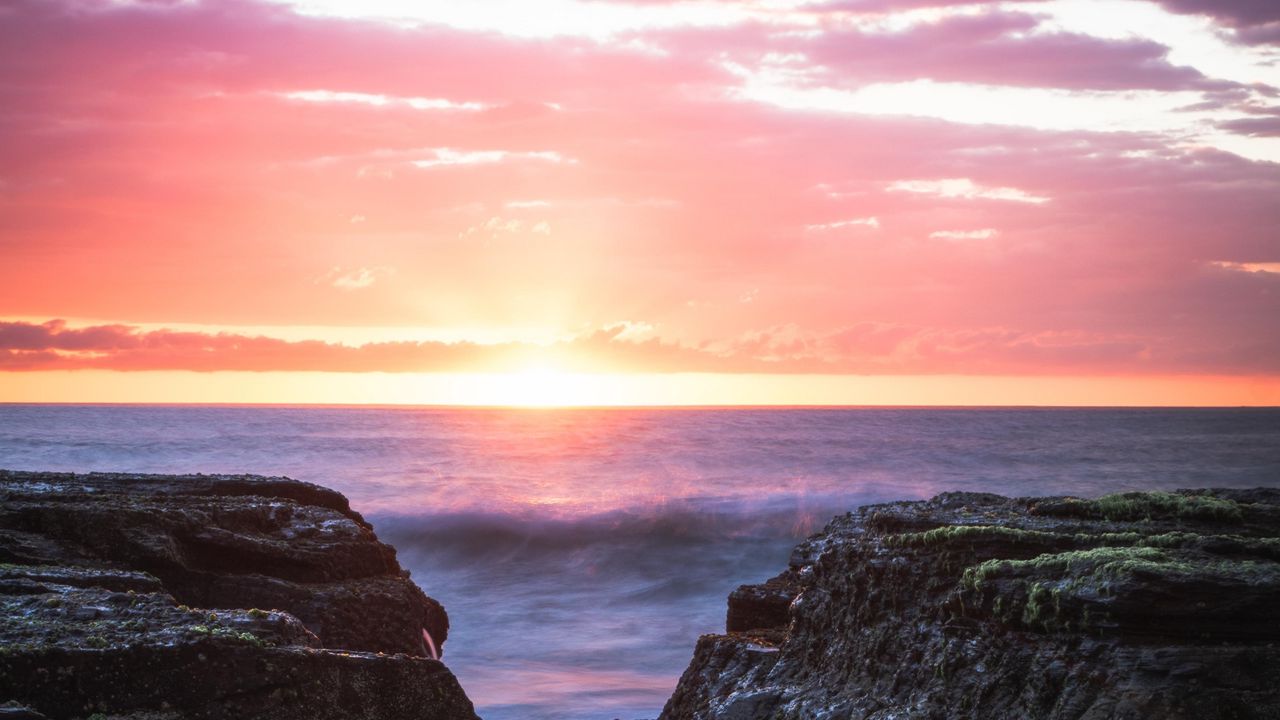 Wallpaper rocks, waves, sea, sunset, horizon
