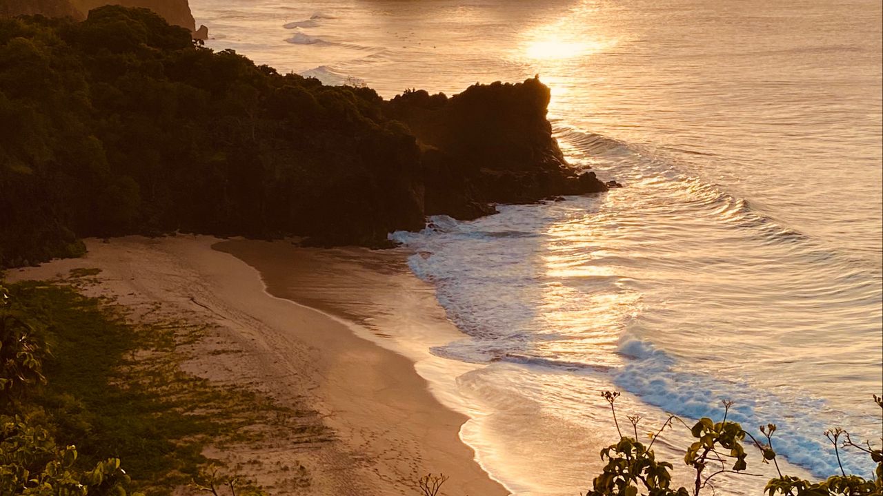 Wallpaper rocks, waves, sunset, mountains