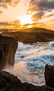 Preview wallpaper rocks, waves, sunset, sea, shore