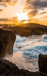 Preview wallpaper rocks, waves, sunset, sea, shore