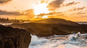 Preview wallpaper rocks, waves, sunset, sea, shore