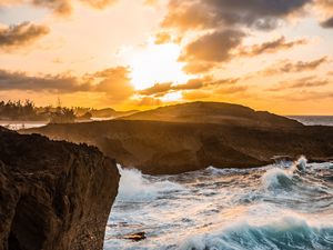 Preview wallpaper rocks, waves, sunset, sea, shore