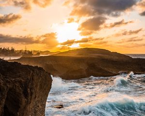 Preview wallpaper rocks, waves, sunset, sea, shore