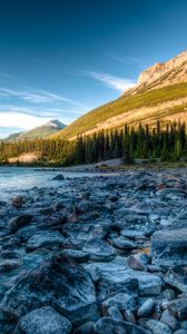 Preview wallpaper rocky mountains, river, stones, athabasca, alberta, canada, hdr
