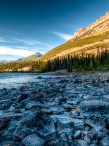 Preview wallpaper rocky mountains, river, stones, athabasca, alberta, canada, hdr