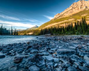 Preview wallpaper rocky mountains, river, stones, athabasca, alberta, canada, hdr